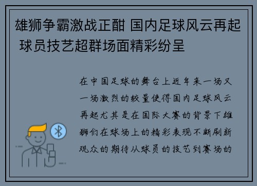 雄狮争霸激战正酣 国内足球风云再起 球员技艺超群场面精彩纷呈