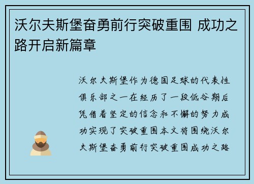 沃尔夫斯堡奋勇前行突破重围 成功之路开启新篇章