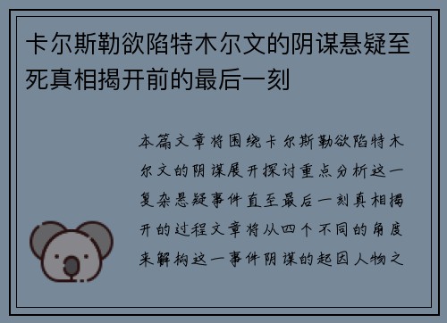 卡尔斯勒欲陷特木尔文的阴谋悬疑至死真相揭开前的最后一刻
