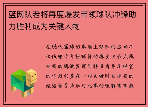 篮网队老将再度爆发带领球队冲锋助力胜利成为关键人物