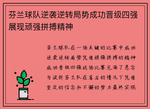 芬兰球队逆袭逆转局势成功晋级四强展现顽强拼搏精神