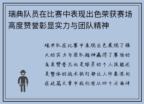 瑞典队员在比赛中表现出色荣获赛场高度赞誉彰显实力与团队精神